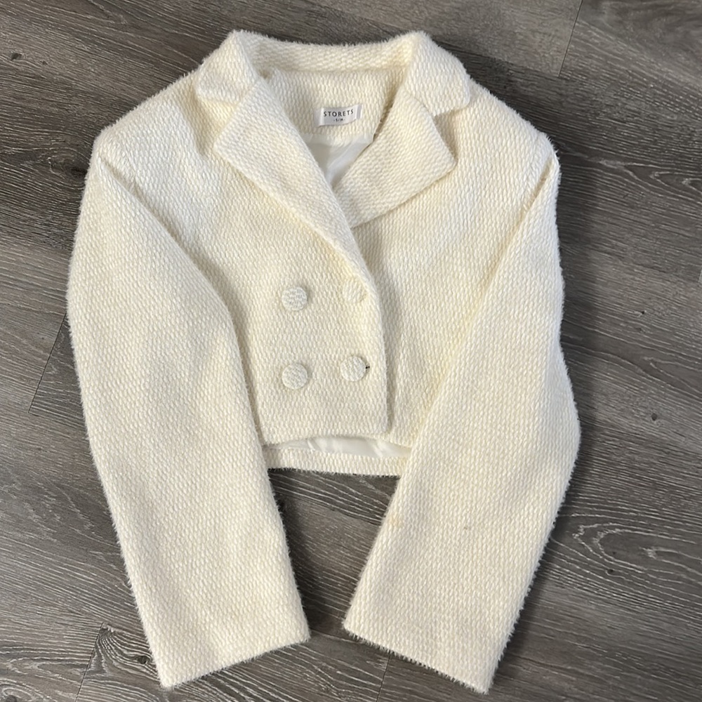 Storets ivory cropped fuzzy blazer coat